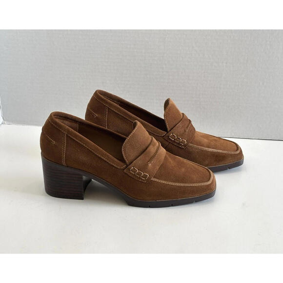 NYDJ Anella Heeled Loafers Women's 8M Cognac Brown Suede Slip On Shoes - Picture 2 of 16